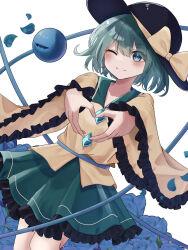 Rule 34 | 0krmi, 1girl, ;), black hat, blue flower, bow, closed mouth, commentary, flower, frilled skirt, frills, green eyes, green hair, green skirt, hat, hat bow, heart, heart hands, highres, komeiji koishi, long sleeves, looking at viewer, one eye closed, shirt, short hair, simple background, skirt, smile, solo, third eye, touhou, white background, wide sleeves, yellow bow, yellow shirt