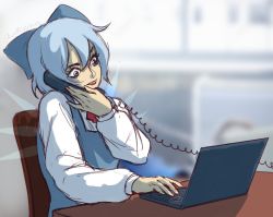 Rule 34 | 1girl, artist name, blue bow, blue dress, blue eyes, blue hair, blue ribbon, blurry, blurry background, bow, bowtie, cable, chair, cirno, computer, corded phone, cradling phone, depth of field, desk, dial, dress, eyelashes, hair bow, holding, holding phone, ice, ice wings, keyboard (computer), laptop, lips, long dress, long sleeves, looking down, multicolored background, office, office chair, office lady, parted lips, phone, pinafore dress, red bow, red bowtie, red ribbon, ribbon, serious, shirt, short hair, sitting, skullchimes, sleeveless, sleeveless dress, solo, swivel chair, talking on phone, touhou, twitter username, white shirt, white sleeves, wings, wire