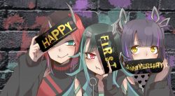Rule 34 | 3girls, anniversary, belt, black gloves, black hair, black jacket, blue belt, blue eyes, blue hair, blush, brick wall, chest belt, closed mouth, clothing cutout, demon girl, demon horns, english text, fang, fang out, gloves, heart, holding, holding sign, horns, jacket, kojo anna, kojo anna (1st costume), long hair, long sleeves, looking at viewer, multicolored hair, multiple girls, nanashi inc., open clothes, open jacket, partially fingerless gloves, photo background, pointy ears, purple hair, rappy koikoi, red eyes, red hair, ryugasaki rene, ryugasaki rene (1st costume), shishio chris, short hair, shoulder cutout, sign, smile, sugar lyric, twintails, two-tone hair, upper body, virtual youtuber