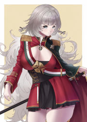 Rule 34 | 1girl, aiguillette, azur lane, belt, black belt, black dress, braid, breasts, cape, cleavage, dress, epaulettes, gold trim, green cape, grey eyes, hand on hilt, highres, italian flag, jacket, large breasts, long hair, looking at viewer, medal, military, military uniform, red cape, red jacket, sheath, sheathed, short dress, silver hair, simple background, skindentation, sword, syu.mu, thighhighs, uniform, very long hair, vittorio veneto (azur lane), weapon, yellow background