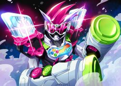 Rule 34 | 1boy, black bodysuit, bodysuit, clenched hand, clock hands, controller, dust cloud, ex-aid armor, game controller, gashat, goggles, hammer, health bar, highres, kamen rider, kamen rider ex-aid, kamen rider ex-aid (series), kamen rider zi-o, kamen rider zi-o (series), katakana, male focus, open hand, otokamu, pink eyes, pink hair, spiked hair, sword, video game, weapon