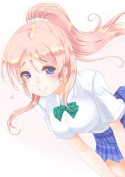 Rule 34 | 1girl, ayase eli, blonde hair, blue eyes, breasts, dutch angle, frapowa, high ponytail, large breasts, leaning forward, love live!, love live! school idol project, plaid, plaid skirt, skirt, smile, solo, white background