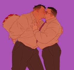 Rule 34 | 2boys, bara, belly, black hair, black pants, blush, bouquet, facial hair, fat, fat man, flat color, flower, formal, glasses, hand on another&#039;s back, holding, holding behind back, kiss, lovesheng1314, male focus, multiple boys, muscular, necktie, original, pants, partially unbuttoned, salaryman, short hair, stubble, yaoi