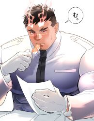 Rule 34 | 1boy, bara, black hair, food, gloves, highres, holding, holding food, holding paper, jacket, large pectorals, looking at viewer, male focus, muscular, muscular male, paper, pectorals, red eyes, satou shouhei, scar, scar on face, scar on nose, short hair, solo, tokyo houkago summoners, translation request, white gloves, white jacket, yoritomo (housamo)
