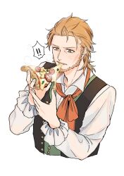 Rule 34 | !, !!, 1boy, adam&#039;s apple, beard, black vest, bow, brown eyes, buttons, cheekbones, cheese trail, collared shirt, cropped torso, dress shirt, eating, facial hair, fate/grand order, fate (series), food, food in mouth, green vest, highres, holding, holding food, holding pizza, itokon300, male focus, mustache, orange bow, pizza, pizza slice, shirt, short hair, solo, vest, white background, white shirt, william shakespeare (fate)
