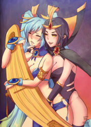 Rule 34 | 2girls, 5-ish, :q, between legs, black hair, blue hair, blush, breasts, cape, cleavage, closed eyes, convenient censoring, earrings, femdom, grabbing, grabbing from behind, gradient background, hand between legs, hug, hug from behind, instrument, jewelry, league of legends, leblanc (league of legends), leotard, long hair, lots of jewelry, multiple girls, scar, scar across eye, scar on face, short hair, smirk, sona (league of legends), tongue, tongue out, twintails, yellow eyes, yuri