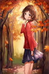 Rule 34 | 1girl, autumn leaves, bad id, bad pixiv id, brown eyes, brown hair, dappled sunlight, day, highres, leaf, long sleeves, lunacle, maple leaf, original, outdoors, red shirt, shirt, short hair, skirt, solo, standing, sunlight, tree