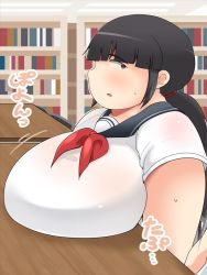 Rule 34 | 1girl, black hair, blush, breast rest, breasts, fat, huge breasts, obese, shimejix