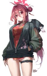 Rule 34 | 1girl, absurdres, blue archive, china dress, chinese clothes, dress, green jacket, halo, highres, jacket, kokukyukeo, looking at viewer, red eyes, red hair, reijo (blue archive), simple background, solo, thigh strap, thighs, white background
