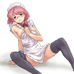 Rule 34 | 1girl, apron, arm support, bare shoulders, bow, bowtie, frills, glasses, lowres, maid, maid apron, maid headdress, minato fumi, naked apron, pink hair, revision, solo, thighhighs