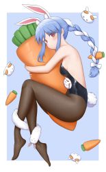 Rule 34 | 1girl, animal ears, bare arms, bare shoulders, barefoot, black pantyhose, blue hair, blush, border, bow, braid, breasts, carrot, carrot hair ornament, closed mouth, don-chan (usada pekora), food-themed hair ornament, from above, full body, hair bow, hair ornament, highres, hololive, knees up, leotard, long hair, looking at viewer, lying, medium breasts, multicolored hair, pekomon (usada pekora), hugging object, on side, pantyhose, pillow, pillow hug, playboy bunny, rabbit ears, rabbit girl, rabbit tail, red eyes, solo, stuffed carrot, tail, thick eyebrows, thighs, twin braids, two-tone hair, usada pekora, virtual youtuber, white border, white hair, yihsien
