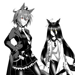 Rule 34 | 2girls, absurdres, agnes tachyon (umamusume), agnes tachyon (umamusume) (cosplay), ahoge, animal ears, belt, blunt ends, breast envy, brown eyes, coat, commentary, cosplay, costume switch, cowboy shot, earrings, greyscale, grin, hair between eyes, hand on own hip, highres, horse ears, horse girl, huge ahoge, jewelry, korean commentary, lab coat, long bangs, long hair, long sleeves, looking at viewer, manhattan cafe (umamusume), manhattan cafe (umamusume) (cosplay), medium hair, messy hair, monochrome, multicolored hair, multiple girls, necktie, open clothes, open coat, pantyhose, potato (sphope), short necktie, simple background, single earring, skirt, sleeves past fingers, sleeves past wrists, smile, spot color, sweater, test tube, umamusume, white background, yellow eyes, zipper, zipper pull tab