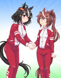 Rule 34 | 2girls, ahoge, black hair, black tail, blue eyes, breast envy, brown hair, brown tail, emphasis lines, empty eyes, hair ribbon, handshake, height conscious, height difference, high ponytail, highres, horse girl, horse tail, kitasan black (umamusume), long hair, long sleeves, looking down, multicolored hair, multiple girls, red track suit, ribbon, shaded face, short hair, sideways glance, sparkle, tail, tokai teio (umamusume), track suit, two-tone hair, umajiri gyuunyuu, umamusume, white hair