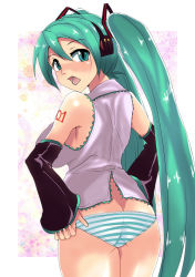 Rule 34 | 1girl, aqua eyes, aqua hair, artist request, ass, bare shoulders, blush, breasts, butt crack, detached sleeves, from behind, hair ornament, hatsune miku, large breasts, long hair, looking at viewer, looking back, open mouth, panties, shiny clothes, shiny skin, sideboob, solo, striped clothes, striped panties, twintails, underwear, very long hair, vocaloid