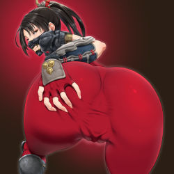Rule 34 | 1girl, anus, armor, ass, ass grab, bare shoulders, black hair, bodysuit, brown eyes, cameltoe, covered anus, deep skin, fingerless gloves, from behind, gloves, hair ornament, hip focus, huge ass, long hair, looking at viewer, looking back, mask, ninja, ponytail, pussy, red bodysuit, shikuta maru, shiny clothes, shiny skin, skin tight, solo, soul calibur, spread pussy, spread pussy under clothes, taki (soulcalibur), wide hips