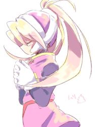 Rule 34 | 1girl, blonde hair, ciel (mega man), closed eyes, female focus, gloves, headgear, high ponytail, kokurizero, long hair, mega man (series), mega man zero (series), own hands clasped, own hands together, ponytail, profile, simple background, sketch, solo, white background