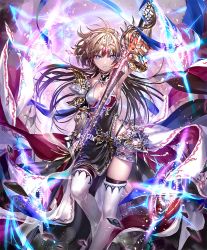 Rule 34 | 10s, 1girl, armor, blonde hair, blue eyes, boots, breasts, cleavage, crown, cygames, facing viewer, feet out of frame, floating rock, gem, gloves, glowing, glowing sword, glowing weapon, holding, holding sword, holding weapon, irua, long hair, magic circle, official art, roland (shadowverse), roland the incorruptible, scarf, serious, shadowverse, sheath, shingeki no bahamut, sideboob, small breasts, standing, sword, thigh boots, thighhighs, unsheathing, weapon, white footwear, white thighhighs