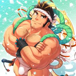Rule 34 | 1boy, abs, alternate costume, bara, bare pectorals, beard, black hair, blonde hair, brown hair, bulge, chest hair, cowboy shot, crossed arms, facial hair, foreshortening, from above, green eyes, hachimaki, hairy, halo, halo behind head, headband, highres, katana, large pectorals, loincloth, long sideburns, looking at viewer, male focus, male underwear, mature male, multicolored hair, muscular, muscular male, nipples, pectorals, short hair, sideburns, smile, solo, stomach, streaked hair, stubble, sword, tepen (tptptpn), thick eyebrows, thick thighs, thighs, tokyo houkago summoners, underwear, weapon, white male underwear, yamasachihiko (housamo)