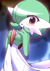 Rule 34 | 1girl, blush, breasts, creatures (company), game freak, gardevoir, gen 3 pokemon, green hair, hair over one eye, hands on own chest, heart, looking at viewer, lowres, medium breasts, nintendo, open mouth, pokemon, pokemon (creature), red eyes, shiratsuki (royal moon), short hair, smile