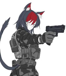 Rule 34 | 1girl, animal ears, black hair, cat ears, cat tail, closed mouth, gloves, grey gloves, gun, handgun, highres, holding, holding gun, holding weapon, pixcy (pixcy5), red bag, red eyes, red hair, short hair, tactical clothes, tail, weapon, white background