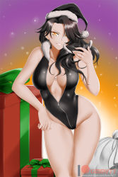Rule 34 | 1girl, black hat, box, breasts, cinder fall, cleavage, fur-trimmed headwear, fur-trimmed leotard, fur trim, gift, gift bag, gift box, grin, hat, highleg, highleg leotard, highres, holding, holding mask, kimmy77, large breasts, leotard, looking at viewer, mask, partially unzipped, patreon logo, rwby, santa hat, shiny clothes, smile, solo, thigh gap, watermark, yellow eyes