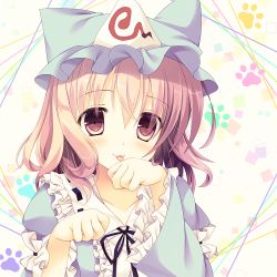 Rule 34 | 1girl, :3, :p, abstract background, animal hands, animal hat, bad id, bad pixiv id, blue hat, cat hat, closed mouth, frilled shirt collar, frilled sleeves, frills, hat, long sleeves, looking at viewer, medium skirt, mob cap, moi (licoco), paw pose, pink hair, purple eyes, ribbon-trimmed collar, ribbon trim, saigyouji yuyuko, skirt, smile, solo, tareme, tongue, tongue out, touhou, triangular headpiece, upper body, wide sleeves