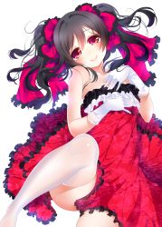 Rule 34 | 10s, 1girl, bare shoulders, black hair, blush, dress, gloves, hair ribbon, hand on own chest, highres, long hair, looking at viewer, love live!, love live! school idol project, no shoes, red disappointment, red dress, red eyes, ribbon, solo, thighhighs, twintails, white gloves, white thighhighs, yazawa nico