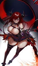 1girl, absurdres, arknights, armband, bare shoulders, black horns, breasts, brown legwear, cleavage, elbow gloves, erect nipples, eyebrows visible through hair, eyes visible through hair, fire, flame, flaming sword, flaming weapon, gloves, hair between eyes, highres, holding, holding sword, holding weapon, horns, horz, large breasts, long hair, parted lips, purple eyes, red hair, shadow, shiny, shiny hair, solo, surtr (arknights), sword, thighhighs, torn, torn clothes, weapon