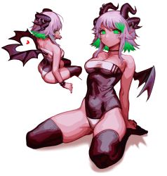 Rule 34 | 1girl, absurdres, black choker, black thighhighs, blue hair, breasts, bsapricot, apricot the lich, choker, cleavage, commentary, covered navel, english commentary, green eyes, gris swimsuit, heart, highres, horns, medium breasts, meme attire, multicolored hair, multiple horns, multiple views, off-shoulder one-piece swimsuit, off shoulder, one-piece swimsuit, short hair with long locks, smile, streaked hair, swimsuit, thighhighs, virtual youtuber, vshojo, white background, wings