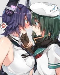 Rule 34 | 2girls, anger vein, asymmetrical docking, bare shoulders, blush, breast pocket, breast press, breasts, brown gloves, checkered clothes, checkered neckwear, closed mouth, collared shirt, eye contact, eyepatch, face-to-face, gloves, grabbing another&#039;s chin, green eyes, green hair, green sailor collar, hair between eyes, hand on another&#039;s chin, hat, headgear, highres, holding another&#039;s wrist, kantai collection, kiso (kancolle), kyusai kuma, large breasts, looking at another, multiple girls, musical note, necktie, nose blush, open mouth, pocket, purple hair, remodel (kantai collection), sailor collar, sailor hat, school uniform, serafuku, shirt, short hair, short sleeves, sleeveless, sleeveless shirt, smile, spoken anger vein, spoken musical note, tenryuu (kancolle), upper body, wavy mouth, white shirt, yellow eyes, yuri