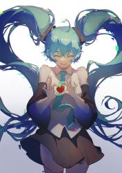 Rule 34 | 1girl, ^ ^, ^o^, absurdres, ahoge, aqua hair, aqua necktie, bare shoulders, black skirt, closed eyes, collared shirt, commentary, cowboy shot, crossed bangs, detached sleeves, facing viewer, floating hair, glitch, gradient background, hatsune miku, heart, heart hands, highres, long hair, necktie, qiyanan, shirt, simple background, skirt, smile, solo, standing, twintails, very long hair, vocaloid, white background, white shirt