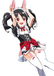Rule 34 | 10s, 1girl, :d, animal ears, arms up, black hair, blush, bow, garter straps, hair bow, looking at viewer, love live!, love live! school idol project, maid, mogyutto &quot;love&quot; de sekkin chuu!, open mouth, rabbit ears, rabbit pose, red eyes, short hair, smile, solo, tetsujin momoko, thighhighs, twintails, wrist cuffs, yazawa nico