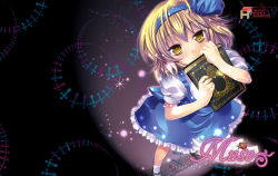 Rule 34 | 1girl, alice margatroid, alice margatroid (pc-98), blonde hair, book, female focus, flower, from above, hairband, highres, maki (seventh heaven maxion), mystic square, red flower, red rose, rose, short hair, skirt, smile, solo, suspenders, touhou, touhou (pc-98), wallpaper, yellow eyes