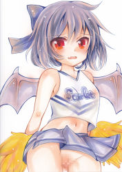 Rule 34 | 1girl, alternate costume, arms behind back, bare shoulders, bat wings, blue skirt, censored, cheerleader, clothes writing, embarrassed, fang, hair ribbon, light purple hair, looking at viewer, microskirt, miniskirt, mosaic censoring, no panties, piyosuka, pom pom (cheerleading), red eyes, remilia scarlet, ribbon, short hair, skirt, solo, touhou, wavy mouth, wings