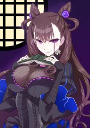 Rule 34 | 1girl, black hair, book, breasts, dress, eyebrows hidden by hair, fate/grand order, fate (series), hair between eyes, holding, holding book, large breasts, long hair, looking at viewer, mori marimo, murasaki shikibu (fate), purple eyes, smile, solo, twintails