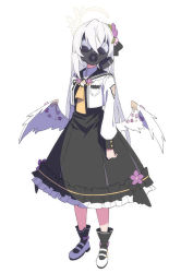 Rule 34 | 1girl, afnroll, angel wings, azusa (blue archive), black dress, black sailor collar, blue archive, breasts, cropped jacket, crossed bangs, dress, duplicate, feathered wings, flower, frilled dress, frills, full body, hair flower, hair ornament, halo, highres, jacket, light blush, long hair, long sleeves, looking at viewer, low wings, neckerchief, pixel-perfect duplicate, sailor collar, school uniform, sidelocks, simple background, small breasts, solo, standing, very long hair, white background, white footwear, white hair, white jacket, white wings, wing ornament, wings, yellow neckerchief