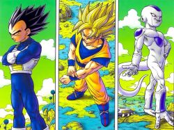 Rule 34 | 3boys, adjusting clothes, aircraft, ankle boots, arm at side, armor, black hair, blue bodysuit, blue eyes, blue footwear, blue grass, blue tree, bodysuit, boots, closed mouth, cloud, cloudy sky, column lineup, contrapposto, crossed arms, day, dougi, dragon ball, dragonball z, evil smile, facing away, feet out of frame, fingernails, frieza, from above, frown, gloves, grass, green sky, hand on own hip, hill, horizon, lake, looking afar, male focus, mountain, multiple boys, muscular, muscular male, namek, outdoors, pectorals, realistic, red eyes, rock, rope, saiyan armor, serious, shadow, sidelighting, sideways glance, sky, smile, son goku, spiked hair, super saiyan, super saiyan 1, tail, toriyama akira, tree, vegeta, water, white gloves