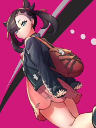 Rule 34 | 1girl, asymmetrical bangs, backpack, bag, black footwear, black hair, black jacket, black nails, closed mouth, commentary request, creatures (company), dress, earrings, eyelashes, from below, game freak, green eyes, hair ribbon, highres, jacket, jewelry, long sleeves, looking at viewer, marnie (pokemon), moyashi mou2, nail polish, nintendo, pink background, pink dress, pokemon, pokemon swsh, red bag, red ribbon, ribbon, sleeves past wrists, solo