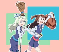 Rule 34 | 10s, 2girls, blonde hair, blue eyes, blush, brown hair, diana cavendish, holding hands, hat, highres, kagari atsuko, little witch academia, long hair, multiple girls, open mouth, red eyes, school uniform, smile, witch, witch hat, yuri