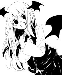 Rule 34 | 1girl, bat wings, book, commentary request, demon wings, greyscale, hanokami, head wings, high contrast, highres, koakuma, long hair, long sleeves, monochrome, shirt, simple background, skirt, solo, touhou, vest, white background, wings