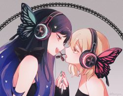Rule 34 | 2girls, azusawa kohane, bare shoulders, black bow, black dress, black hair, blonde hair, blue hair, blue nails, bow, butterfly hair ornament, butterfly wings, commentary request, dress, fingerless gloves, gloves, gradient hair, grey background, hair ornament, headphones, headset, highres, insect wings, korean commentary, looking at another, magnet (vocaloid), microphone, multicolored hair, multiple girls, nail polish, open mouth, pink nails, project sekai, shiraishi an, short twintails, sidelocks, sleeveless, sleeveless dress, twintails, upper body, vocaloid, wings, wo habum, yellow eyes, yuri