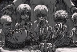 Rule 34 | 1girl, 6+boys, aged down, armin arlert, blood, blood on hands, cannibalism, character request, check character, corpse, death, eating, eren yeager, exposed bone, falco grice, filame (filamen0112), fritz (shingeki no kyojin), greyscale, guro, hands up, highres, levi (shingeki no kyojin), long hair, mikasa ackerman, monochrome, multiple boys, official style, open mouth, ribs, scene reference, severed hand, shingeki no kyojin, skeleton, smile, spoilers, symbolism, turn pale, upper body