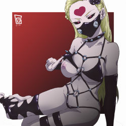 Rule 34 | 1girl, absurdres, bare shoulders, barefoot, bdsm, belt, bikini, black bikini, black thighhighs, blonde hair, bondage, bondage outfit, bound, breasts, cleavage, collar, collarbone, earrings, feet, highres, jewelry, kaijin hime do-s, keihh, leg belt, long hair, looking at viewer, mask, mouth mask, nipples, one-punch man, red eyes, sitting, solo, swimsuit, thighhighs