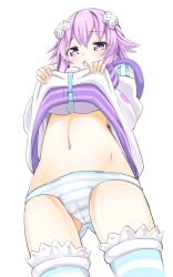 Rule 34 | 1girl, bad id, bad twitter id, blush, cameltoe, clothes lift, d-pad, dress, dress lift, embarrassed, from below, gluteal fold, hair between eyes, hair ornament, highres, lifted by self, looking at viewer, looking down, navel, neptune (neptunia), neptune (series), niwaka potato, open mouth, panties, purple eyes, purple hair, shirt, short hair, simple background, solo, thighhighs, underwear, white background