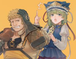 Rule 34 | 1boy, 1girl, bara, big nose, cross-laced slit, crossover, drooling, fire emblem, fire emblem: three houses, food, food request, frown, gloves, green hair, hand on own head, hand up, highres, index finger raised, large pectorals, long sideburns, looking to the side, meat, mouth drool, muscular, muscular male, nintendo, official alternate costume, one eye closed, pectoral cleavage, pectorals, raphael kirsten, sdz (inazuma), shiki eiki, short hair, sideburns, sideways glance, thick eyebrows, touhou, upper body, yellow background