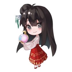 Rule 34 | 1girl, absurdres, ailu elf, black eyes, black hair, chibi, chinese commentary, closed mouth, commentary request, eyes visible through hair, hakama, hakama skirt, highres, houraisan kaguya, japanese clothes, kimono, long hair, long skirt, long sleeves, no nose, red footwear, simple background, skirt, smile, solo, touhou, white background, white kimono, wide sleeves