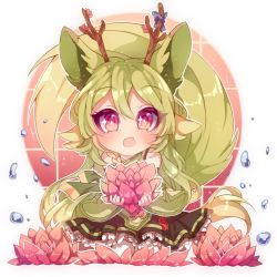 Rule 34 | 1girl, animal ears, antlers, artist name, chibi, commentary, commission, flower, green hair, hair between eyes, holding, holding flower, horns, kokotensho, long hair, looking at viewer, open mouth, original, pink eyes, solo, tail, transparent background, wide sleeves