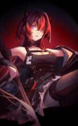 Rule 34 | 1girl, arknights, bare shoulders, black dress, blunt bangs, breasts, burnt clothes, chest strap, cleavage, crossed legs, demon girl, demon horns, detached collar, dress, hair between eyes, hand on weapon, highres, horns, id card, infection monitor (arknights), jacket, kotowaza, long hair, looking at viewer, medium breasts, off shoulder, open mouth, purple eyes, red hair, sitting, solo, surtr (arknights), thigh strap, thighhighs, very long hair