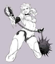 Rule 34 | 1girl, armor, ball and chain (weapon), breasts, chain, closed mouth, cropped legs, fate/grand order, fate (series), fighting stance, from below, grey background, greyscale, holding, holding weapon, large breasts, legs apart, long hair, looking at viewer, looking down, monochrome, muscular, muscular female, navel, penthesilea (fate), serious, simple background, solo, spiked ball and chain, spikes, spot color, standing, tenobe, vambraces, weapon, yellow eyes