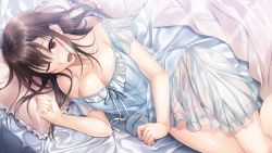 Rule 34 | 1girl, ;o, ai kiss 2, bare shoulders, bed, bed sheet, blush, breasts, brown eyes, brown hair, cleavage, day, female focus, from above, game cg, giga (company), groin, kirisawa saki, large breasts, legs, long hair, looking at viewer, lying, off shoulder, on bed, one eye closed, open mouth, original, pajamas, panties, pillow, saegusa hinata, see-through, solo, sunlight, thigh gap, thighs, underwear